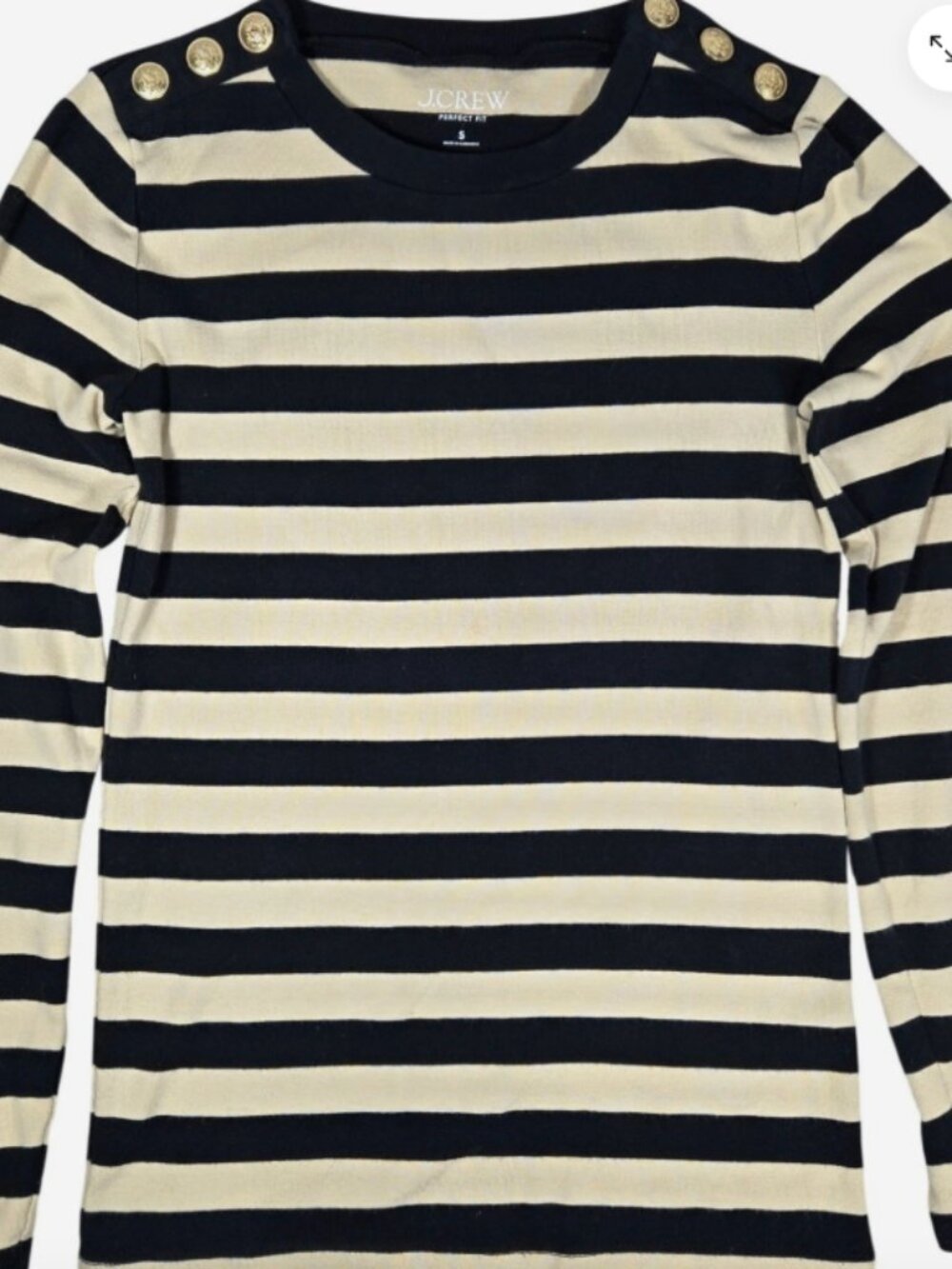 J. Crew Perfect Fit Stripe Long Sleeve T-Shirt Gold Button Shoulder Preppy Sz S